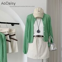 Áo len màu xanh lá cây Váy chấm bi có thắt lưng một bộ cao cấp