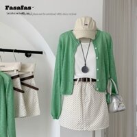 Áo len màu xanh lá cây Váy chấm bi có thắt lưng một bộ cao cấp