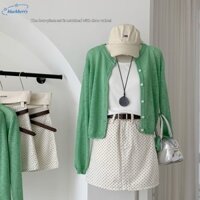 Áo len màu xanh lá cây Váy chấm bi có thắt lưng một bộ cao cấp