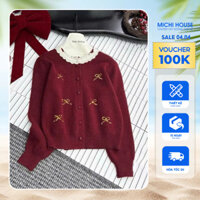 Áo Len MICHI HOUSE Áo Suông Cổ Ren Đính Nơ Dài Tay Freesize AK16