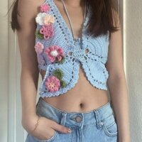Áo len móc cánh bướm đính hoa nổi (crochet) handmade