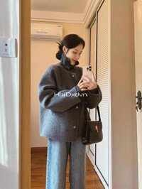 Áo Len Mới Màu Xám Len Áo Khoác Nữ Thu Đông 2024 Cao Cấp Nhỏ Phong Cách Ngắn Phong Cách Hàn Quốc Tính Khí