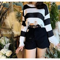 Áo len mỏng croptop tay dài , áo len dệt kim kẽ sọc ,áo croptop tay dài trắng đen (HÌNH THẬT CHÍNH CHỦ)