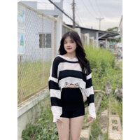 Áo Len Mỏng Croptop Tay dài, áo len dệt kim kẽ sọc áo croptop tay dài trắng đen