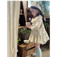 Áo len mỏng dài tay viền tiểu thư và Váy yếm hoa nhí dễ thương cho bé gái hàng QCCC size đại