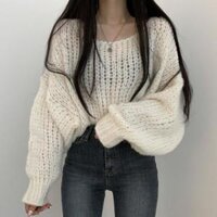 Áo len mỏng dệt kim tay bồng dáng ngắn hadu shop