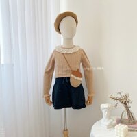 Áo len mỏng đột lỗ cổ bèo trắng + Yếm dây váy len cục bông cho bé gái K212+K084