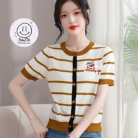 Áo Len Mỏng Họa Tiết Sọc Ngang, Áo Len Dệt Kim Cổ Tròn Cài Khuy Tay Ngắn Thêu Cún Đính Nơ Thời Trang Nữ Smide Clothing