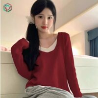 Áo len mỏng kiểu Hàn Quốc dành cho nữ Áo len dài tay màu đỏ rượu vang