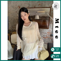 Áo len mỏng Mtee xuyên thấu đính nơ, Áo len vàng pastel dài tay nàng thơ