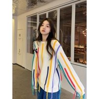 Áo len mỏng SUGEMIUSI kẻ nhọc nhiều màu cổ tròn form rộng phong cách mới thu đông