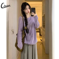 Áo len mỏng tay dài màu tím mới dành cho nữ Áo khoác cổ tròn áo khoác thông thường