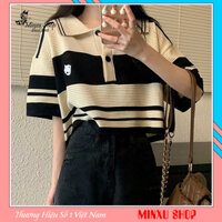 Áo len montoghi kẻ cộc tay polo thêu hình, dáng rộng croptop Minxu Shop PG22