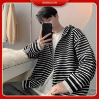 Áo len nam 2024 sọc đen trắng xu hướng thiết kế Áo len Cardigan nam phong cách Hàn Quốc