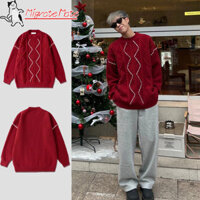 Áo Len Nam Đỏ Giáng Sinh Thu Đông Mới Dày Xoắn Rời Bầu Không Khí Vintage Áo Len Top