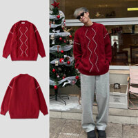 Áo Len Nam Đỏ Giáng Sinh Thu Đông Mới Dày Xoắn Rời Bầu Không Khí Vintage Áo Len Top
