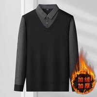 Áo Len Nam Giả Hai Mảnh Thu Đông Phong Cách Mới Phiên Bản Hàn Quốc Cổ Áo Dệt Kim Lông Cừu Lót Áo Sơ Mi Cổ Thu Đông F
