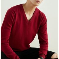 Áo Len nam màu Đỏ Cổ tim Tay dài dáng Ôm body Trơn hàng cao cấp ABABA timvisco-do