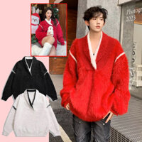 Áo Len Nam Mohair Đỏ Giáng Sinh Lễ Hội Áo Len Mùa Đông Cặp Đôi Áo Khoác