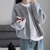 Áo len ngắn màu xám cho phụ nữ mùa thu đông 2024, áo cardigan dày rộng có khóa kéo, áo len dài tay