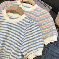 Áo len ngắn tay sọc ngang phối màu, cổ tròn siêu xinh