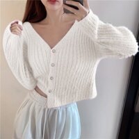Áo Len Nữ Áo Cardigan Cổ V Lông Thỏ Phối Nút Ngọc Tiểu Thư Mẫu Mới 2024