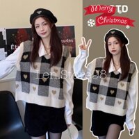 Áo Len nữ, Áo Gile Len Họa Tiết Tim Nâu Siêu Xinh