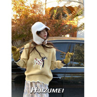 Áo len nữ Áo len thêu chó đốm dễ thương Áo len màu vàng ren tương phản mới