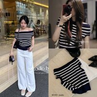 ÁO LEN NỮ, Áo len trễ vai tay ngắn sọc ngang - Thiết kế thời thượng, phù hợp mọi dáng người X07