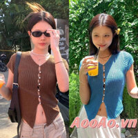 Áo len nữ Áo thun dệt kim ngắn tay cổ chữ V có nút thắt