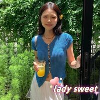 Áo len nữ Áo thun dệt kim ngắn tay cổ chữ V có nút thắt