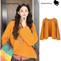 Áo len nữ bí ngô màu cam cổ tròn áo len dệt kim dày