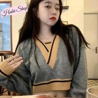 Áo len nữ cao cấp croptop cổ V - Áo len nữ dài tay kiểu Hàn Quốc HABII AL01 .