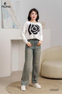 Áo len nữ chất cotton sợi bông, dáng croptop, họa tiết hoa hồng, dài tay
