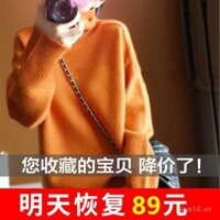 Áo len nữ cổ cao màu cam mới, áo len dày, kiểu dáng lười, thời trang, đan cơ bản