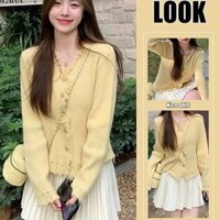 Áo len nữ cổ chữ v màu vàng Áo len viền thô Mặc bên trong Áo len dệt kim Slim fit top