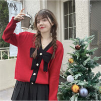 Áo len nữ cổ chữ V ngắn phong cách Hàn Quốc nơ màu đỏ Áo len phong cách đại học