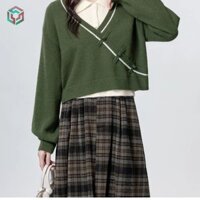 Áo Len Nữ Cổ Polo Áo Len Xanh Nơ Trang Trí Áo Len Ngắn Cổ Chữ V