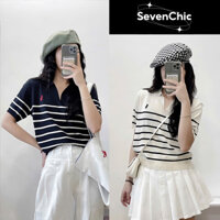 Áo len nữ cổ polo sọc ngang tay ngắn mỏng nhẹ logo thêu SevenChic mã 1226