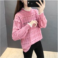 Áo len nữ cổ tròn phối ren thiết kế lạ mắt DV27 - HỒNG