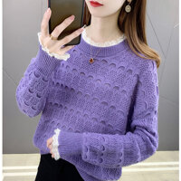 Áo len nữ cổ tròn phối ren thiết kế lạ mắt DV27 - Tím