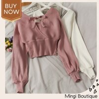 Áo len nữ cổ V buộc nơ sau điệu đà, Áo len kiểu Hàn Quốc