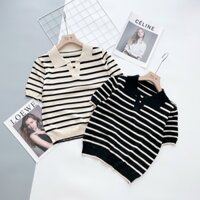 Áo len nữ cộc tay kẻ ngang cổ bẻ POLO
