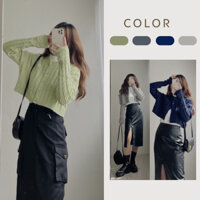 Áo len nữ croptop dài tay vặn thừng thêu logo, Áo khoác len cardigan croptop phối cúc phong cách Hàn Quốc