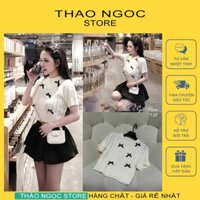 Áo len nữ croptop tay dài đính nơ hàng nhập (có sẵn, hình thật) THẢO NGỌC STORE