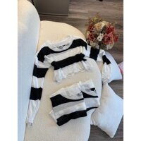 Áo len nữ croptop tay dài sọc kẻ ngang màu xanh lá phối nâu hottrend len chuẩn Qc phong cách Hàn Quốc