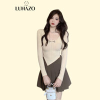 Áo len nữ croptop tay dài thiết kế kiểu lệch tà khoen khuy ngực cá tính retro quyến rũ LUHAZO phong cách cá tính G-21.1