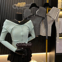 Áo len nữ dài tay thu đông, khoá kéo trễ vai, hoạ tiết kẻ sọc ngang 140