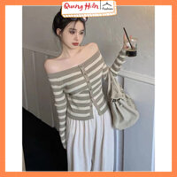 Áo len nữ dài tay trễ vai kẻ ngang cúc dọc MS1283