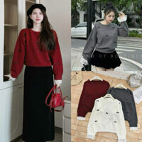 Áo len nữ dáng lỡ cổ tròn đính nơ phối viền ren tay, áo len dài tay, Lipeo.store